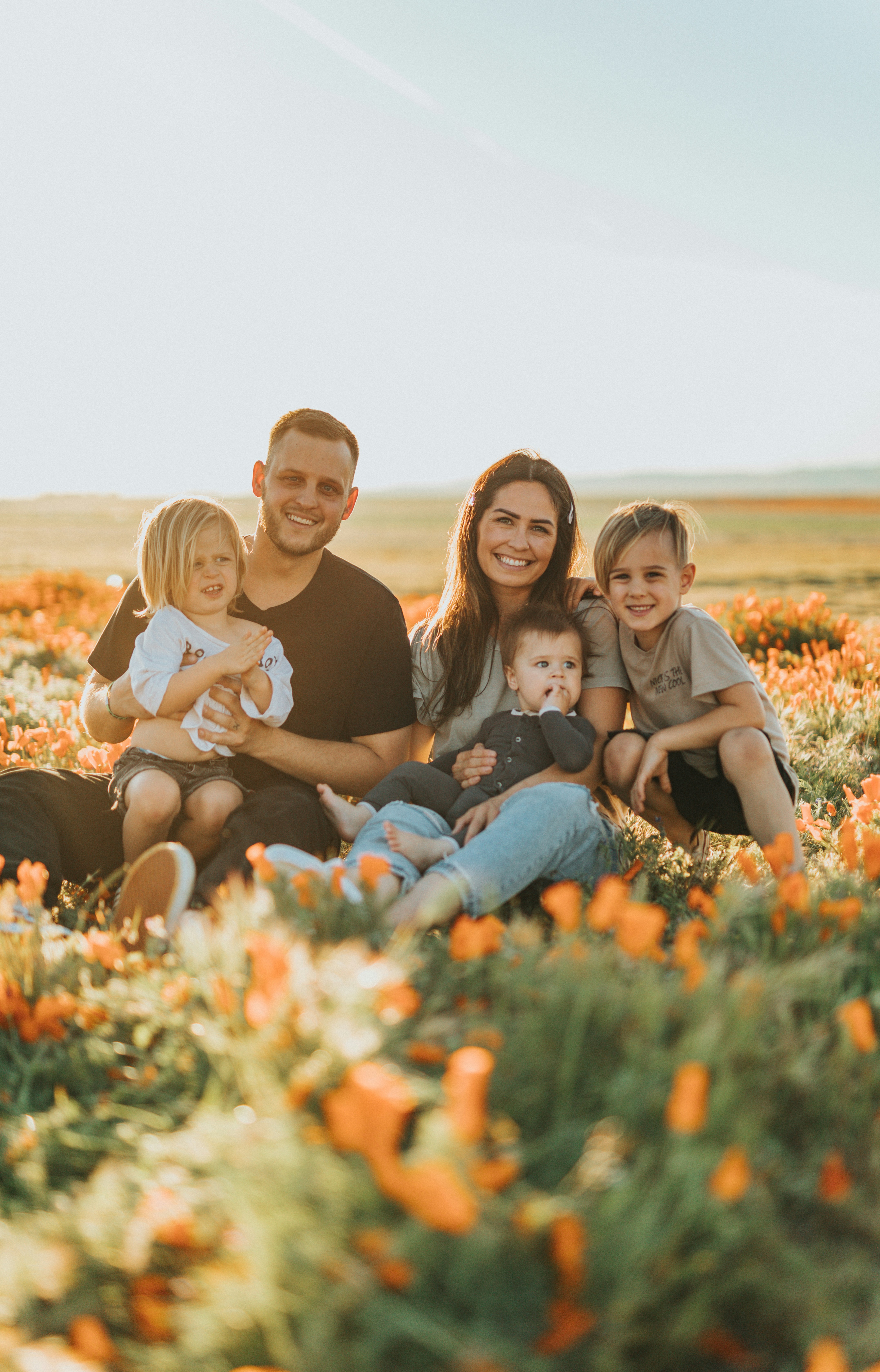 Family walking into the sunset